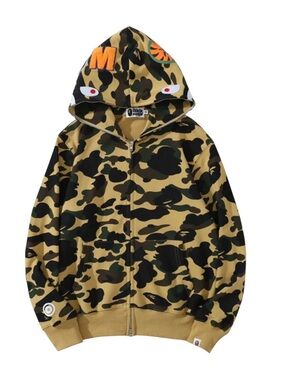 Bape Camo Shark Zip Hoodie in Green and Tan with Orange Accents